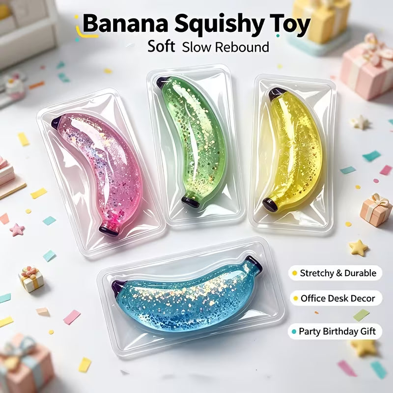 Translucent Glitter Banana Squeeze Toy Set, Soft TPR Fruit Fidget Toy, Desk Stress Relief Toy for Office & Travel, 2Pcs Random Color