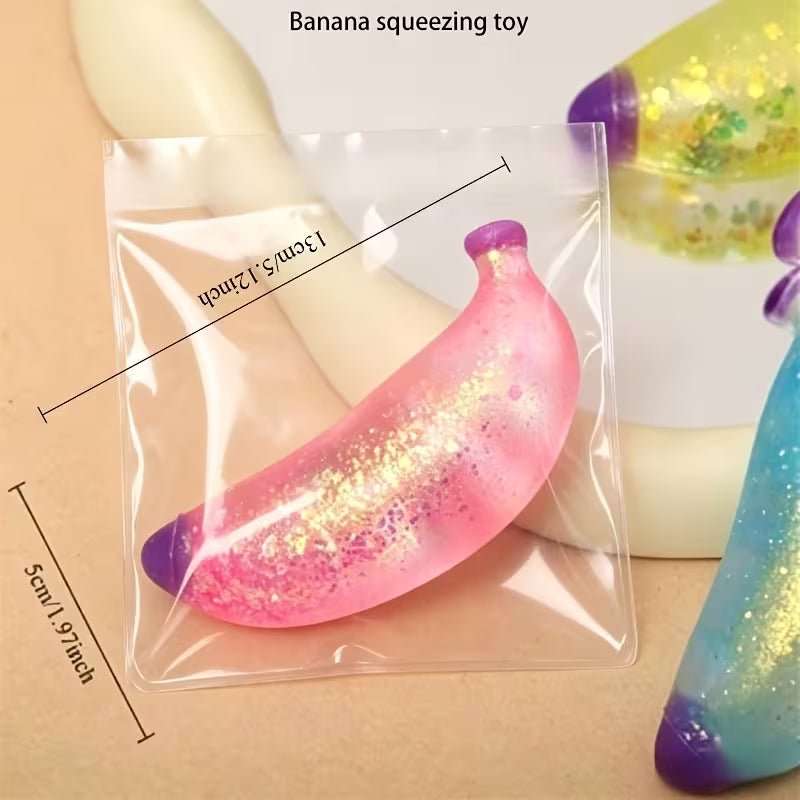 Translucent Glitter Banana Squeeze Toy Set, Soft TPR Fruit Fidget Toy, Desk Stress Relief Toy for Office & Travel, 2Pcs Random Color