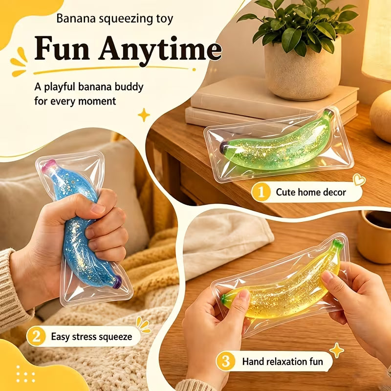 Translucent Glitter Banana Squeeze Toy Set, Soft TPR Fruit Fidget Toy, Desk Stress Relief Toy for Office & Travel, 2Pcs Random Color