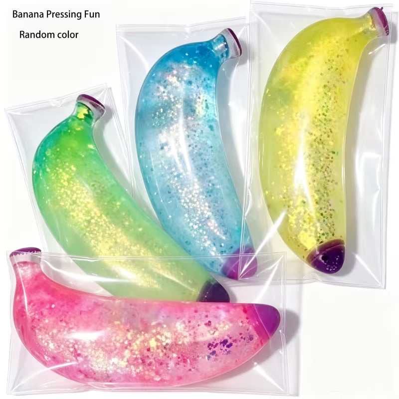 Translucent Glitter Banana Squeeze Toy Set, Soft TPR Fruit Fidget Toy, Desk Stress Relief Toy for Office & Travel, 2Pcs Random Color