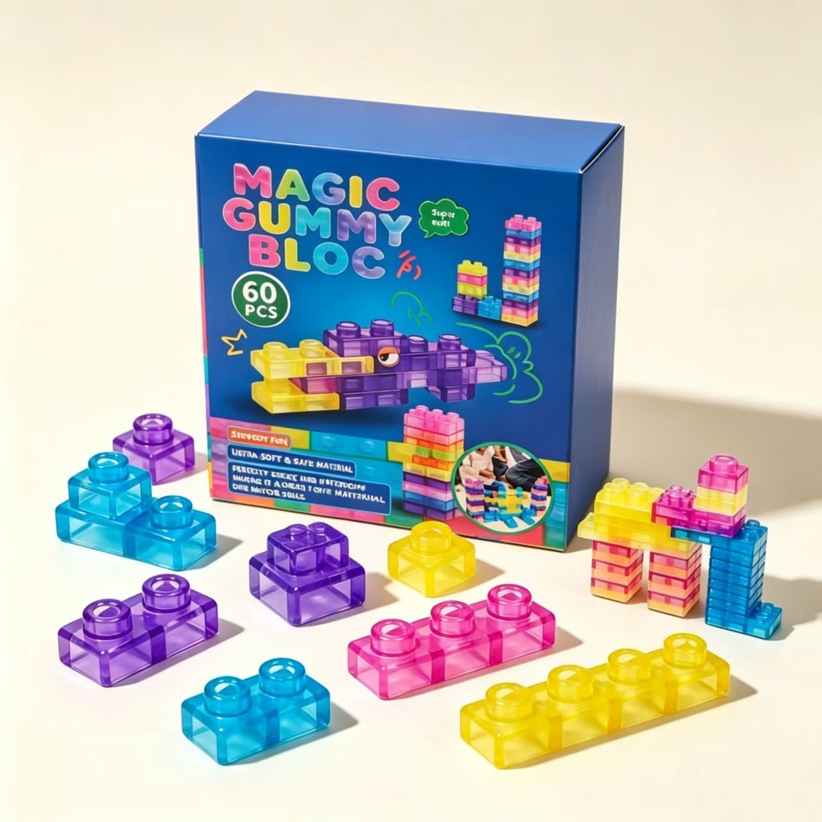 Transparent Soft Gel Jelly Building Blocks Squishy Toy, Flexible Silicone Fidget Blocks, Stress Relief Squeeze Toy for Adults, 40Pcs / 60Pcs Colorful Set in Gift Box