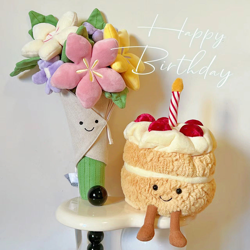 20cm Light Up Musical Birthday Cake Plush Toy, Cute Bakery Theme Stuffed Pillow, Soft Short Plush Gift