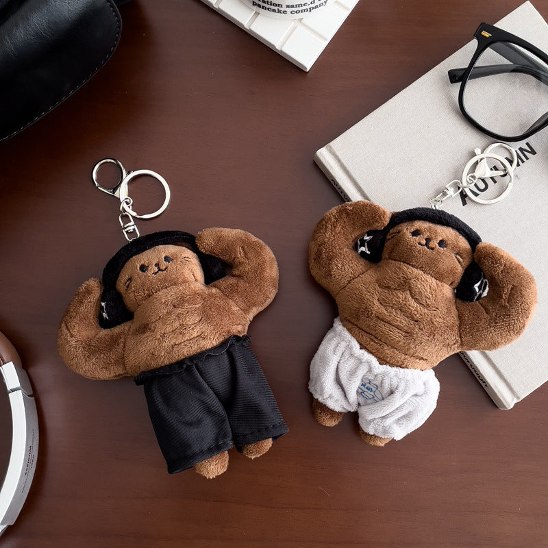 Funny Muscular Bear Plush Keychain, Strong Fitness Figure Bag Charm, Soft Crystal Fleece Stuffed Pendant Gift