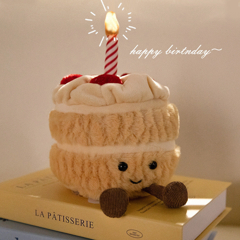 20cm Light Up Musical Birthday Cake Plush Toy, Cute Bakery Theme Stuffed Pillow, Soft Short Plush Gift