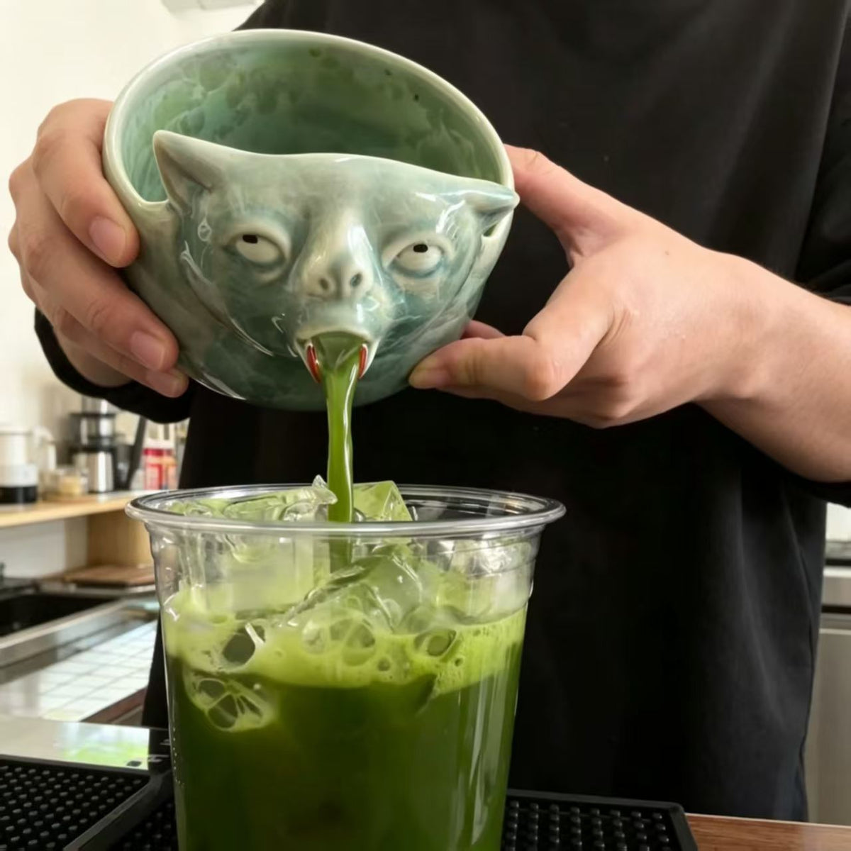 Abstract Spouting Nose Cat Ceramic Bowl, Funny Weird Matcha & Drink Serving Bowl