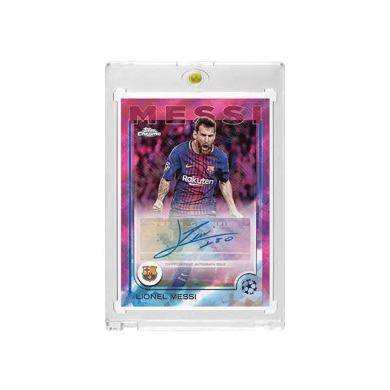 Lionel Messi 25 Sapphire Style Fan-Made Soccer Trading Card, Facsimile Signature, Barca Themed Refractor Card with Hard Card Brick Protector