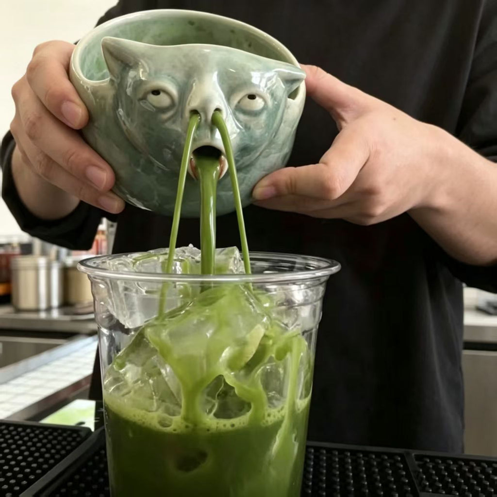 Abstract Spouting Nose Cat Ceramic Bowl, Funny Weird Matcha & Drink Serving Bowl