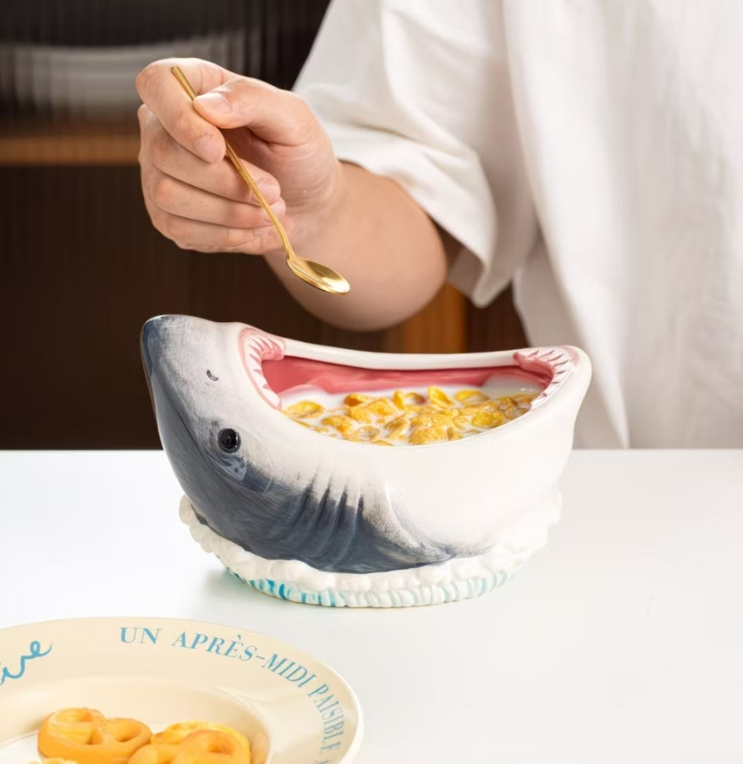 Big Mouth Shark Ceramic Noodle Bowl, Handmade Cute Household Tableware