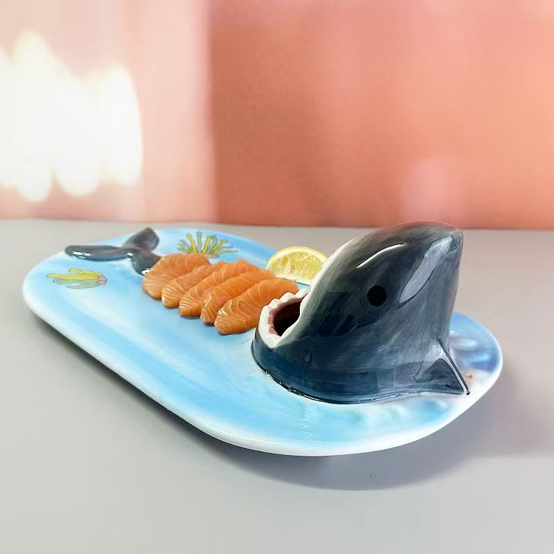 Big Mouth Shark Ceramic Plate, Underglaze Color Funny Novelty Serving Dish