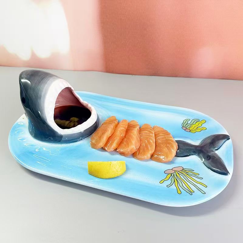 Big Mouth Shark Ceramic Plate, Underglaze Color Funny Novelty Serving Dish