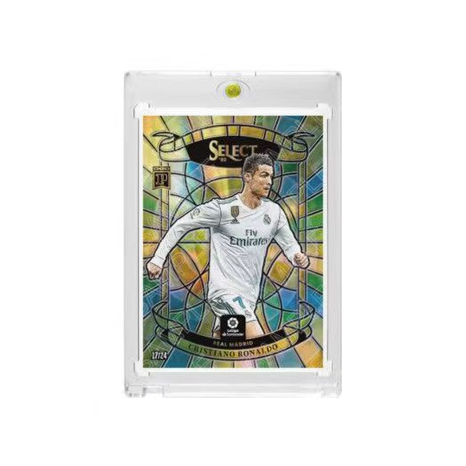 Cristiano Ronaldo 24 Stained Glass Style Fan-Made Soccer Trading Card, Facsimile Signature, Real Madrid Themed Numbered 17/24 Refractor Card with Hard Card Brick Protector