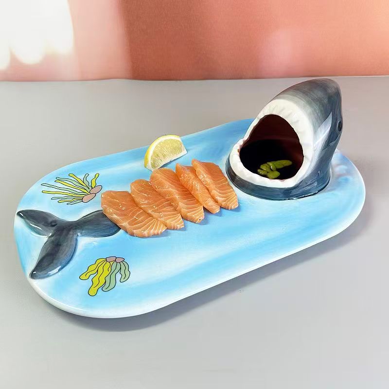 Big Mouth Shark Ceramic Plate, Underglaze Color Funny Novelty Serving Dish