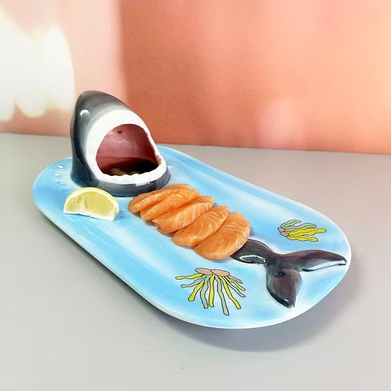 Big Mouth Shark Ceramic Plate, Underglaze Color Funny Novelty Serving Dish