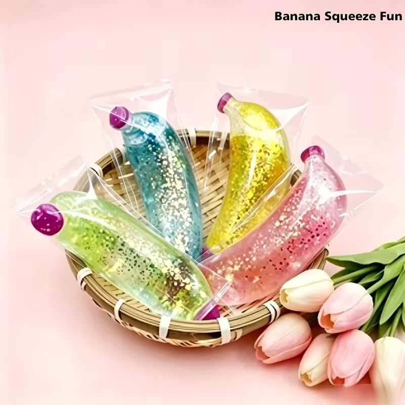 Translucent Glitter Banana Squeeze Toy Set, Soft TPR Fruit Fidget Toy, Desk Stress Relief Toy for Office & Travel, 2Pcs Random Color